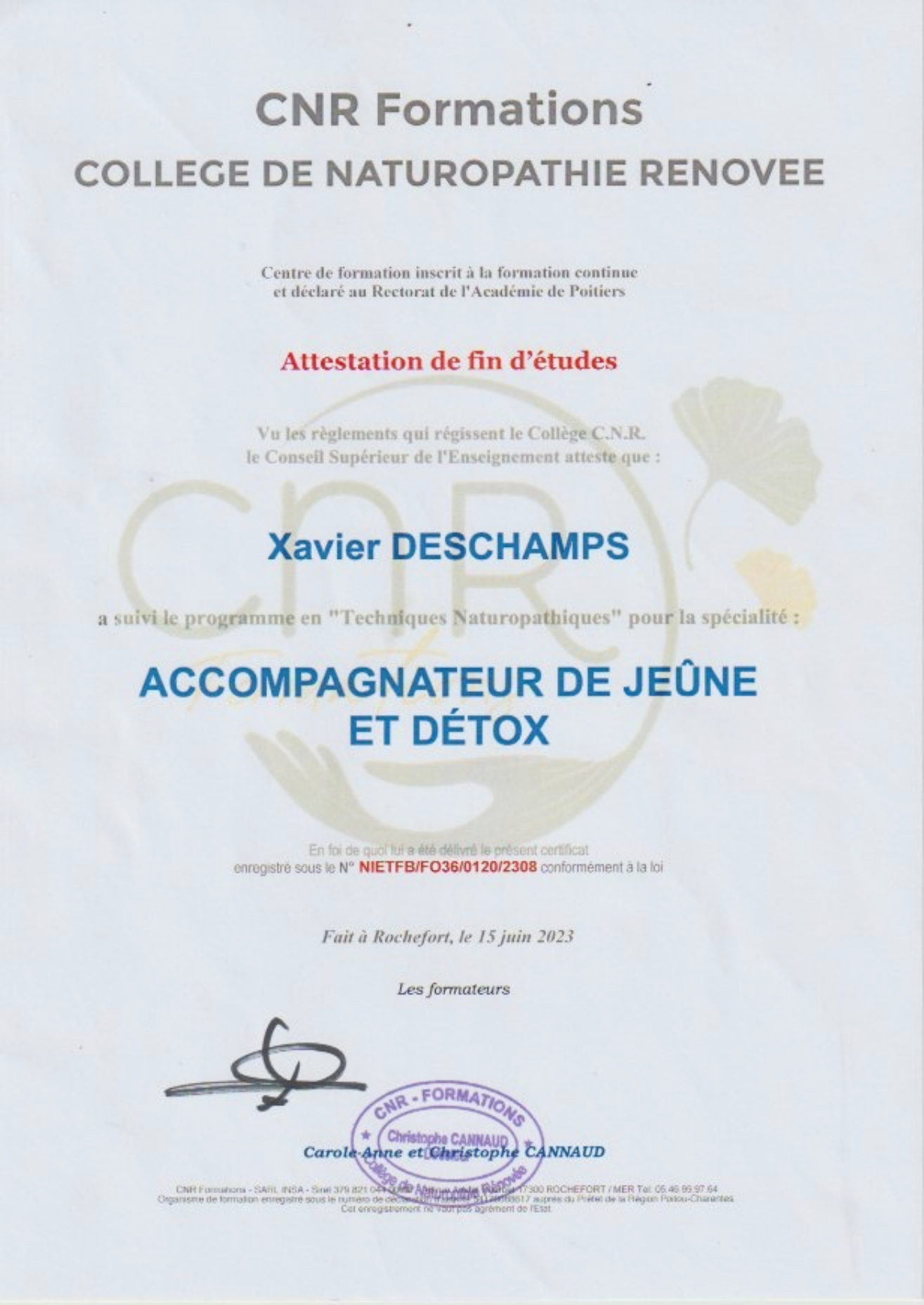 Attestation Accompagnateur de jeûne et détox de Xavier Deschamps