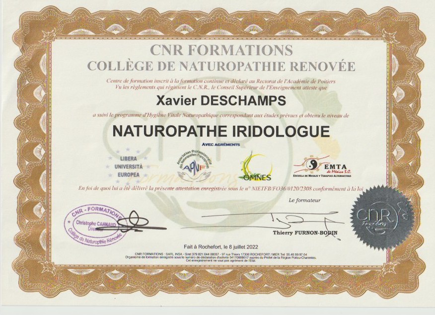 Attestation Naturopathe iridologue de Xavier Deschamps