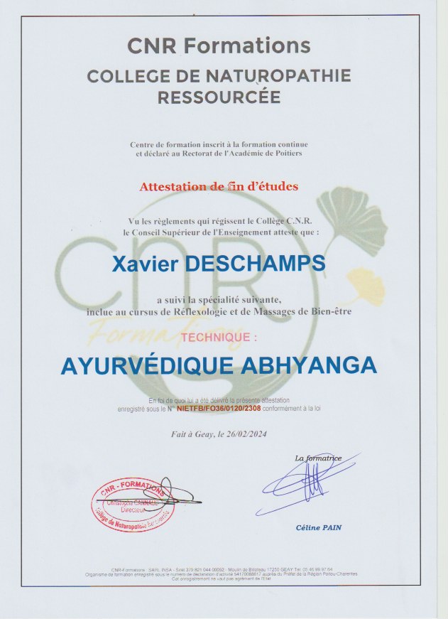 Attestation Technique ayurvédique Abhyanga de Xavier Deschamps