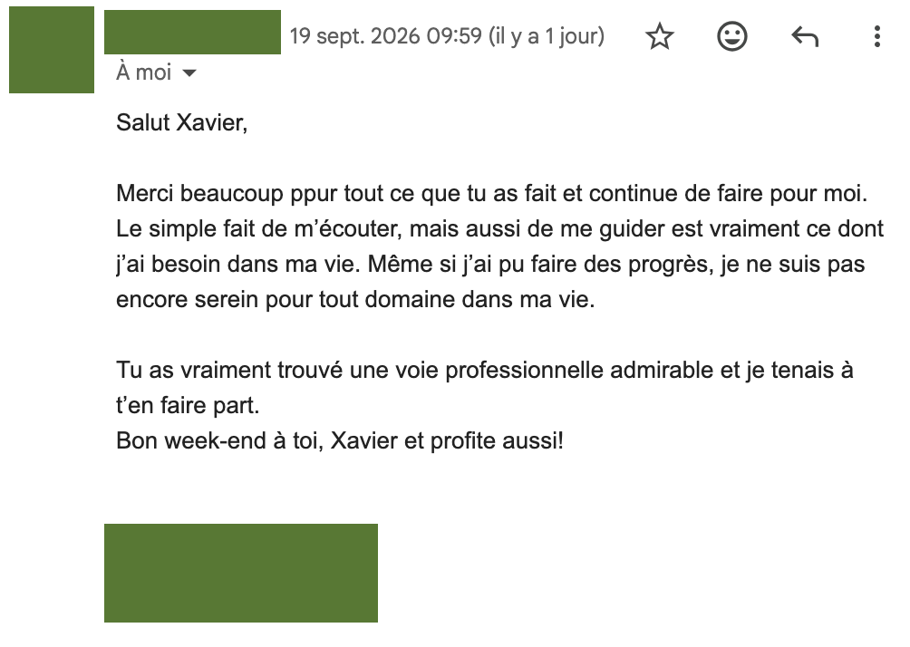 Capture anonymisée d’un message reçu d’un client accompagné par Seconde Vie